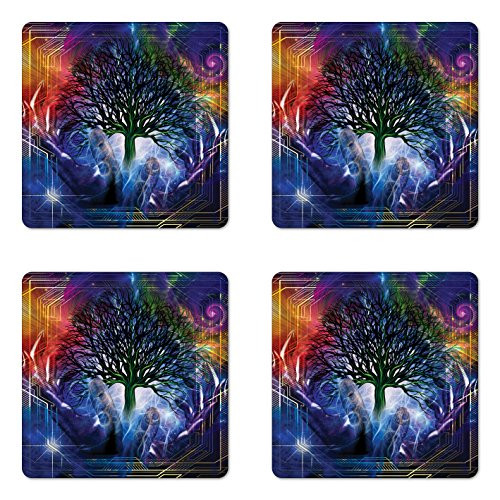 Ambesonne Nature Coaster Set of 4 Human Hand Grabs a Leafless Tree Vitality Modern Hippie Karma Artisan Theme Square Hardboard Gloss Coasters for Drinks Blue Purple