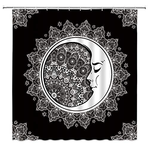 WZFashion Mandala Moon Shower Curtain Celestial Black and White Decor Medallion Mystic Boho Chic Art Fabric Bathroom Curtain Set Polyester Waterproof 70x70 Inch with Hooks