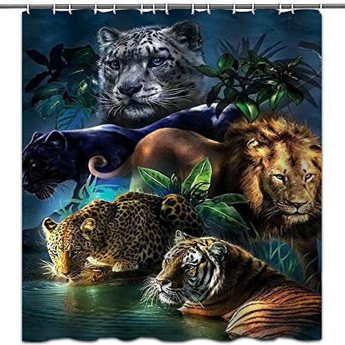 hipaopao Animal Shower Curtains Tiger Lions and Leopard Forest Wildlife Theme Fabric Shower Curtain Sets Bathroom Decor with Hooks Waterproof Washable 72 x 72 inches Brown Blue Gray