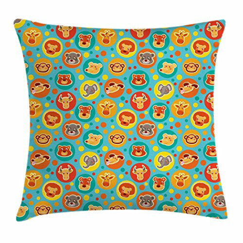 Ambesonne Cartoon Animal Throw Pillow Cushion Cover Comic Animal Faces on Colorful Dots Happy Kindergarten Fun Characters Kids Decorative Square Accent Pillow Case 16 inch X 16 inch Multicolor