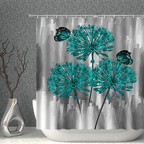 AMNYSF Floral Decor Shower Curtain Gray Teal Flower Butterfly Spring Plant Dandelion Fabric Polyester Bathroom Curtains with Hooks 70x70 Inch