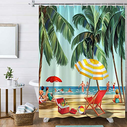 Bonhause Beach Coastal Shower Curtain with 12 Hooks Summer Vacation Palm Trees Umbrella Seaside Decorative Bath Curtain 72 x 72 Inch Polyester Fabric Machine Washable Waterproof Bathroom Curtain