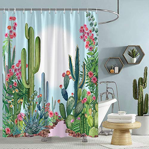 Bonhause Cactus Shower Curtain with 12 Hooks Tropical Plant Pink Flower Decorative Bath Curtain 72 x 72 Inch Polyester Fabric Machine Washable Waterproof Bathroom Curtain
