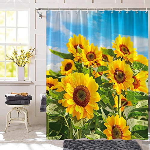 Bonhause Sunflower Shower Curtain with 12 Hooks Yellow Flower with Blue Sky Decorative Bath Curtain 72 x 72 Inch Polyester Fabric Machine Washable Waterproof Bathroom Curtain
