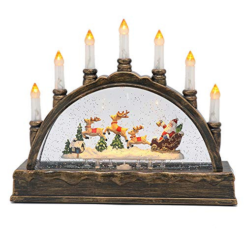 Wondise Christmas Musical Singing Snow Globe Lantern 6 Hour Timer 10.5 inch Bridge Frame Battery and USB Powered Swirling Glitter Lighted Snow Globe Lantern Christmas Decoration Santa Claus and Deer