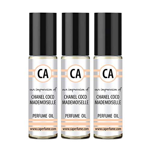 CA Perfume Impression of Mademoiselle for Woman Fragrance Body Oils Alcohol-Free Essential Aromatherapy Sample Travel Size Roll-On 0.3 Fl Oz 10 ml X3