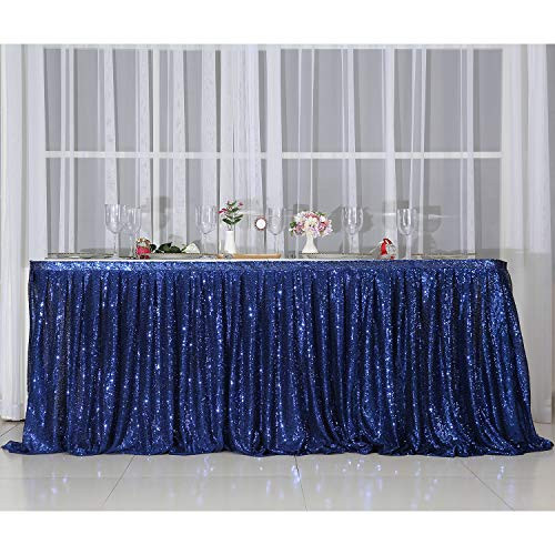 PartyDelight 6ft Navy Blue Sequin Table Skirt for Round Rectangle Square Table for Birthday Party Wedding Christmas.