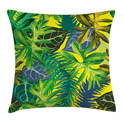 Ambesonne Plant Throw Pillow Cushion Cover Botany Themed Drawing Depicting Exotic Leaves in Tropical Environment Hawaiian Vibes Decorative Square Accent Pillow Case 16 inch X 16 inch Multicolor