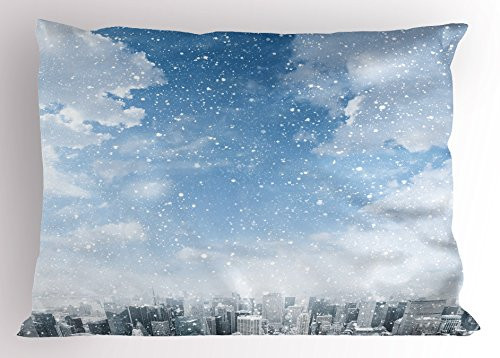 Ambesonne Winter Pillow Sham Snow Falling Down on New York City Urban Life Skyscrapers Streets Cold Weather Decorative Standard King Size Printed Pillowcase 36 inch X 20 inch Blue Grey White