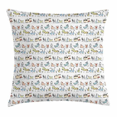 Ambesonne Cartoon Animal Throw Pillow Cushion Cover Funny Cartoon Village Countryside Farmland Theme Drawing Style Kids Pattern Decorative Square Accent Pillow Case 16 inch X 16 inch Multicolor