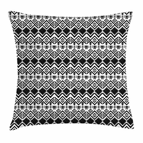 Ambesonne Geometric Throw Pillow Cushion Cover Monochrome Hand Drawn Tribal Pattern Abstract Aztec Motifs Civilizations Decorative Square Accent Pillow Case 16 inch X 16 inch Black White