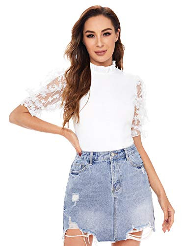 Romwe Women s Summer Short Sleeve Mock Neck Casual Blouse Tops Snow White S