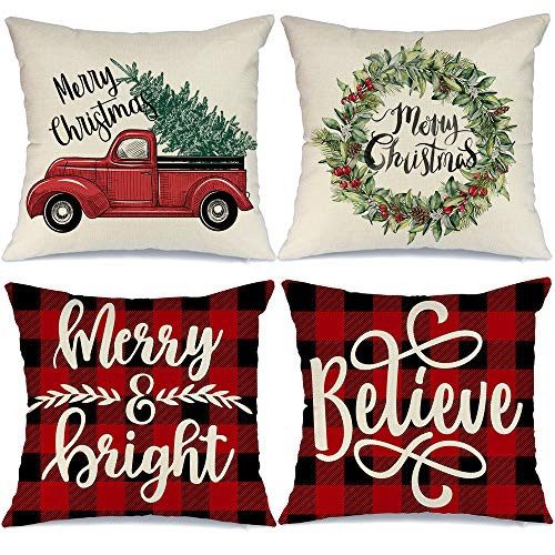 AENEY Buffalo Plaid Christmas Pillow Covers 20x20 Set of 4 Marry Bright Christmas Pillows Winter Holiday Throw Pillows Farmhouse Christmas Decor Red Truck Xmas Decorations for Couch A266-20 AENEY Buffalo Plaid Christmas Pillow Covers 20x20 Set of 4 Marry Bright Christmas Pillows Winter Holiday Throw Pillows Farmhouse Christmas Decor Red Truck Xmas Decorations for Couch A266-20