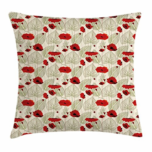 Ambesonne Poppy Flower Throw Pillow Cushion Cover Sketchy Tree Leaves Rural Floral Growth Botany Nature Inspired Decorative Square Accent Pillow Case 16 inch X 16 inch Scarlet Fern Green Beige
