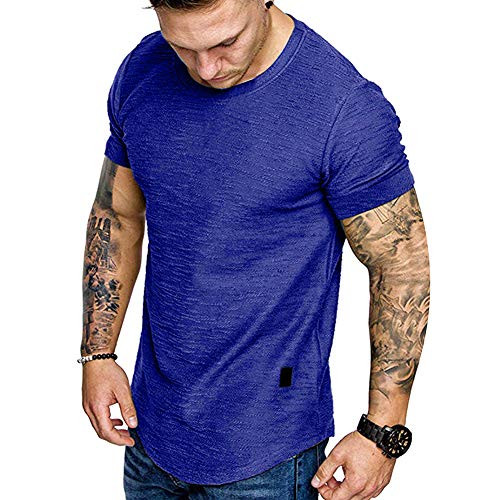 Fashion Mens T Shirt Muscle Gym Workout Athletic Short Sleeve Shirts Cotton Tee Shirt Top Blue
