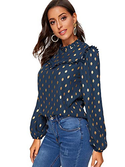 SOLY HUX Women s Frill Trim Long Sleeve Metallic Dots Print Top Blouse Navy L