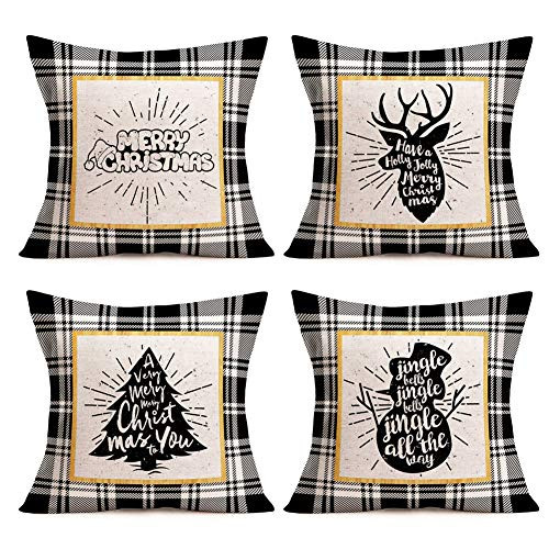 Christmas Pillow Covers Set of 4 Buffalo Check Plaid Merry Christmas Tree Deer Snowman Quotes Pillow Covers for Xmas Decor Farmhouse Decorative Cotton Linen Throw Pillow Cushion Case 18 inch x 18 inch  GB01