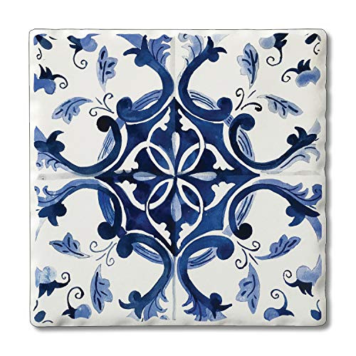 Counterart Absorbent Tumbled Tile Stone Coaster Set Blue and White Tile