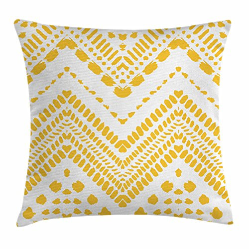 Ambesonne Yellow Chevron Throw Pillow Cushion Cover Hand Drawn Aztec Pattern Motif with Dashed Lines Decorative Square Accent Pillow Case 18 inch X 18 inch Mustard White