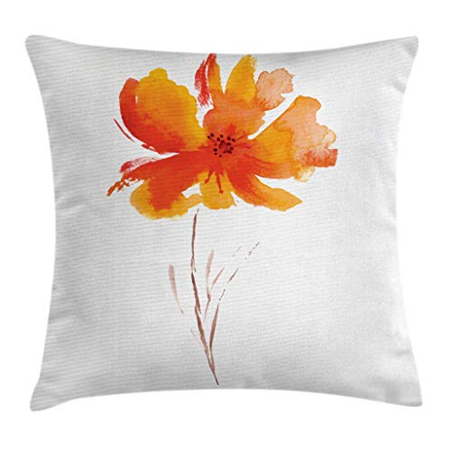 Ambesonne Watercolor Flower Throw Pillow Cushion Cover Single Poppy Flower on Plain Clear Background Nature Inspired Romantic Decorative Square Accent Pillow Case 18 inch X 18 inch White Orange
