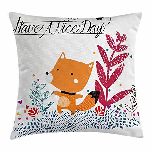 Ambesonne Fox Throw Pillow Cushion Cover Little Fox Character Colorful Geometric Spring Field Have a Nice Day Text Dots Decorative Square Accent Pillow Case 18 inch X 18 inch Multicolor