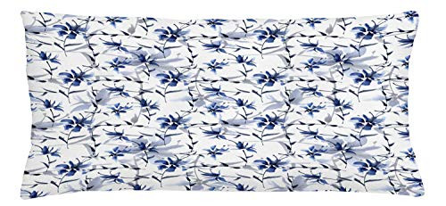 Ambesonne Japanese Throw Pillow Cushion Cover Japanese Ink Paint with Flourishing Flower Patterns Oriental Eastern Imagery Print Decorative Rectangle Accent Pillow Case 36 inch X 16 inch Blue