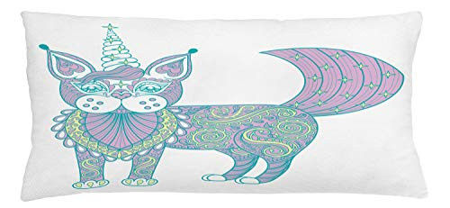 Ambesonne Unicorn Cat Throw Pillow Cushion Cover Magic Cat with Ornate Patterns Boho Motifs Decorative Rectangle Accent Pillow Case 36 inch X 16 inch Pink Teal Pale Yellow