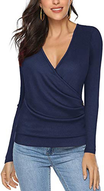 Women s Waffle Knit Buttons Wrap V Neck Long Sleeve Casual Tunic Blouse Top Shirts  Navy Blue M