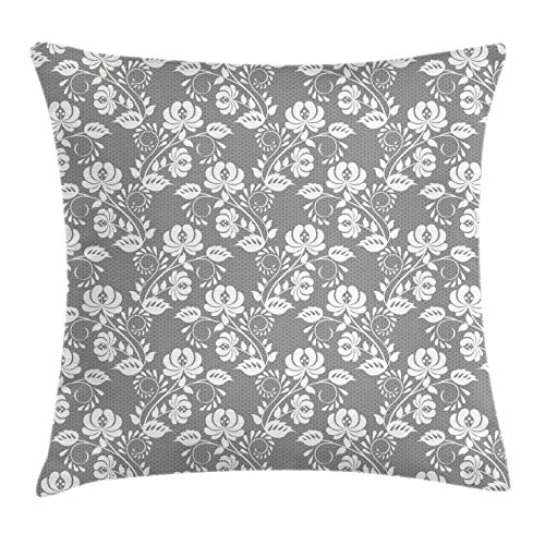 Ambesonne Floral Throw Pillow Cushion Cover Flower Silhouettes with Lace Patterned Background Leaves Swirls Dots Abstract Image Decorative Square Accent Pillow Case 18 inch X 18 inch Grey White