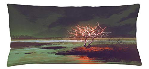 Lunarable Fantasy Throw Pillow Cushion Cover Illustration of Mystic Night Landscape Nature Tree by River Dramatic Sky Decorative Rectangle Accent Pillow Case 36 inch X 16 inch Peacock Green Orange