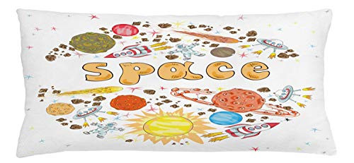 Lunarable Space Throw Pillow Cushion Cover Outer Space Comet Meteor Galaxy Astronaut Print Sun Planets Spaceship Halley Poster Decorative Rectangle Accent Pillow Case 36 inch X 16 inch Multicolor