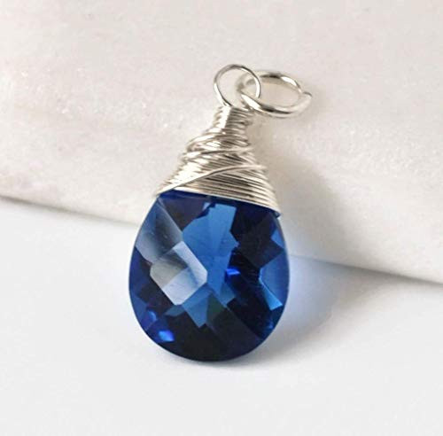 Imitation September Birthstone Pendant Charm for Necklace Bracelet or Earrings - Sterling Silver Wire Wrapped Blue Gemstone