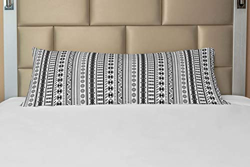 Lunarable Tribal Body Pillow Case Cover with Zipper Vertical Borders with Geometrical Motifs Decorative Accent Long Pillowcase 21 inch x 54 inch White Grey Black