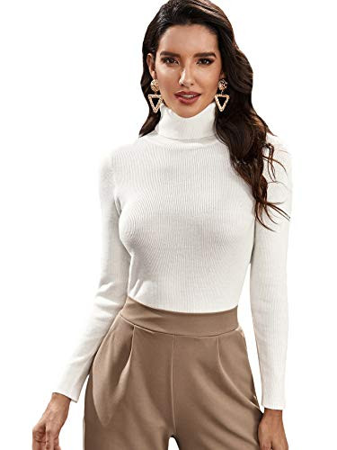 Floerns Women s Long Sleeve Slim Fit Turtleneck Basic T-Shirts Snow White M