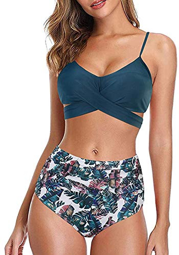 Cysincos Women Criss Cross High Waisted Bikini Set Push Up Wrap Bandage Two Piece Swimsuits Bathing Suits Swimwear Blue