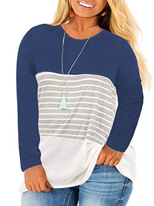 Plus Size Tunics for Women Color Block Long Sleeve T Shirt Casual Tee Tops Turquoise 18W