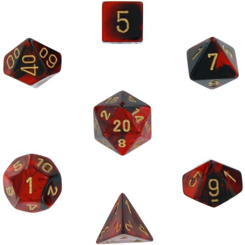 Polyhedral 7-Die Gemini Dice Set: Black & Red with Gold (d4, d6, d8, d10, d12, d20 & d00) CHX-26433