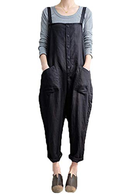 Women s Baggy Wide Leg Overalls Cotton Linen Jumpsuit Harem Pants Casual Rompers  2XL Style A-Black Button