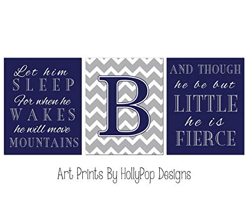 Navy gray boy wall art - Baby boy nursery artwork - Let him sleep - He will move mountains - Though he be but little - Blue gray nursery art prints - SET OF 3 UNFRAMED ART PRINTS  1460