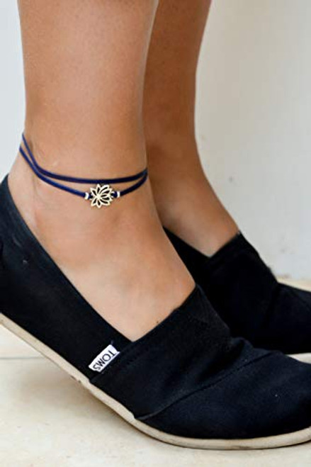 Lotus wrapped anklet blue ankle bracelet with silver lotus charm buddhist symbol zen flower yoga bracelet spiritual jewelry flower Lotus wrapped anklet blue ankle bracelet with silver lotus charm buddhist symbol zen flower yoga bracelet spiritual jewelry flower