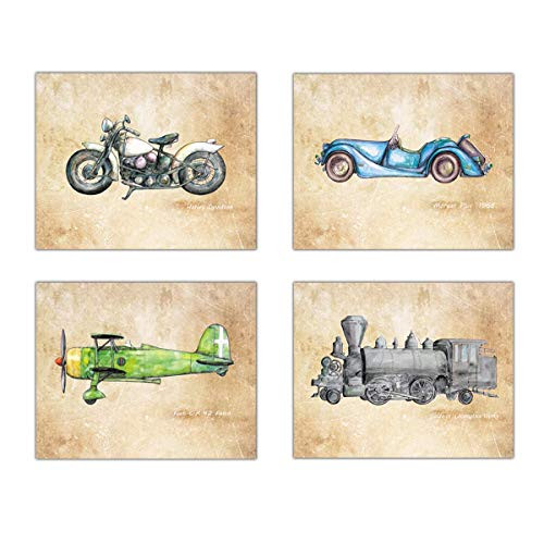 Car Train Airplane Vintage style nursery decor Set 4 prints
