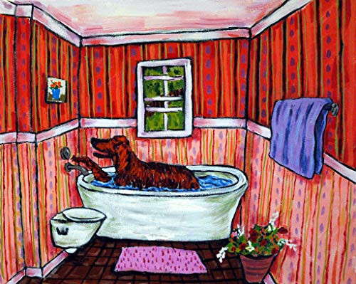 Irish Setter taking a Bath Bather Bathroom decor dog signed art Print