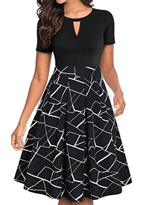 YATHON Women s Vintage Swing Casual Party Work Dresses Chic Black White Stripe O-Neck Pockets Summer Beach Cocktail Holiday Wedding Evening Dress  S YT018-Black Stripe