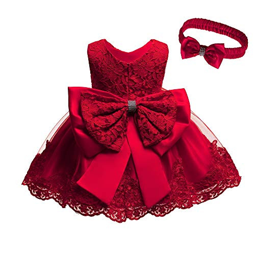 Toddler Baby Girls Formal Dresses Infant Bowknot Embroidery Tutu Lace Gown Dress Kids Pageant Party Wedding Birthday Flower Dresses Size 6M  Wine 6M