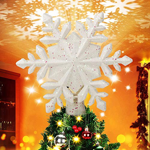 BATTOP Christmas Tree Topper Lighted with Rotating Magic Snowflake Projector 3D Glitter Lighted Sliver Snowflake Christmas Lights Tree Topper for Christmas Tree Decorations