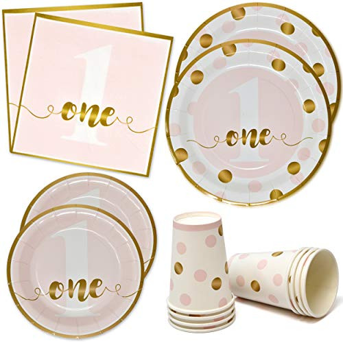 Girls First Birthday Party Supplies Tableware Set Includes 24 9 inch Plates 24 7 inch Plate 24 9 Oz Cups 50 Lunch Napkins 1st Baby Girl One Year Old Pink and Gold Dot Themed Dinnerware Disposable Paper Goods