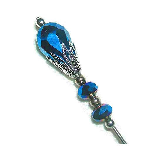 METALLIC BLUE Glass CRYSTAL Stick Hat Pin Long Hatpin Vintage Style Silver Plated METALLIC BLUE Glass CRYSTAL Stick Hat Pin Long Hatpin Vintage Style Silver Plated