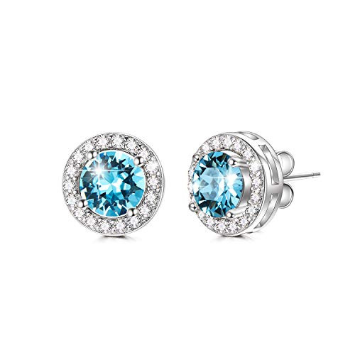 AOBOCO Sterling Silver Halo Earrings Stud Earrings for Women Simulated Aquamarine Birthstone Crystals from Swarovski Blue Wedding Gifts Earrings for Bride Anniversary Birthday Jewelry for Wife