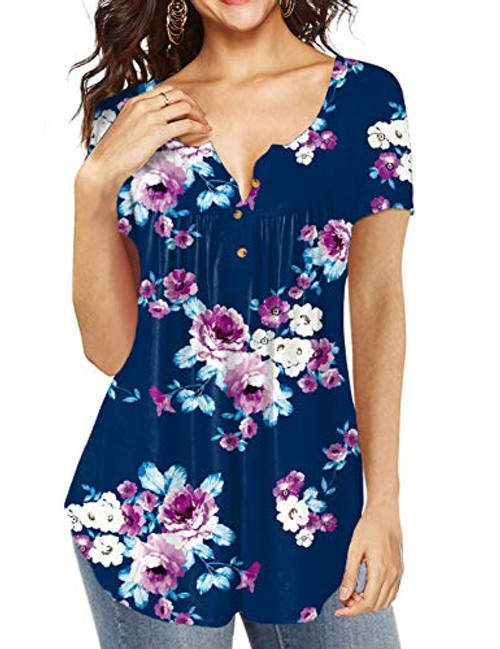 AMCLOS Womens Floral Tops V Neck T-Shirts Swing Ruffle Blouses Button up Tunic Casual Flowy Loose Short Sleeve  Short-Floral-18 2XL
