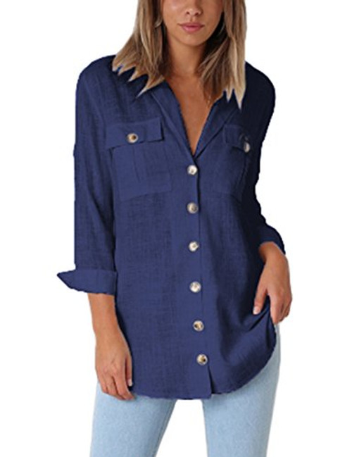 GRAPENT Women s Casual Loose Roll-up Sleeve Blouse Pocket Button Down Shirts Tops XL?US 16-18? Navy Blue